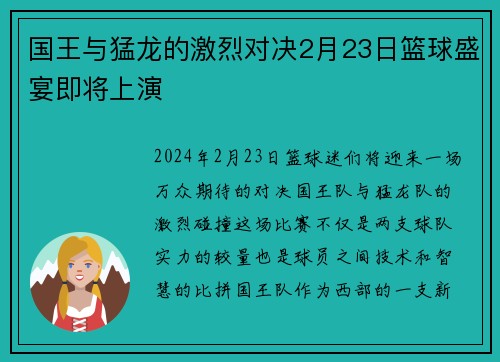 国王与猛龙的激烈对决2月23日篮球盛宴即将上演