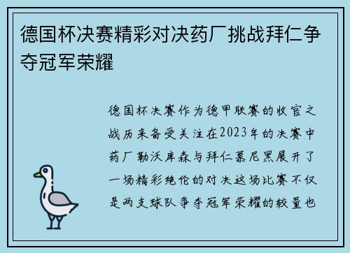 德国杯决赛精彩对决药厂挑战拜仁争夺冠军荣耀